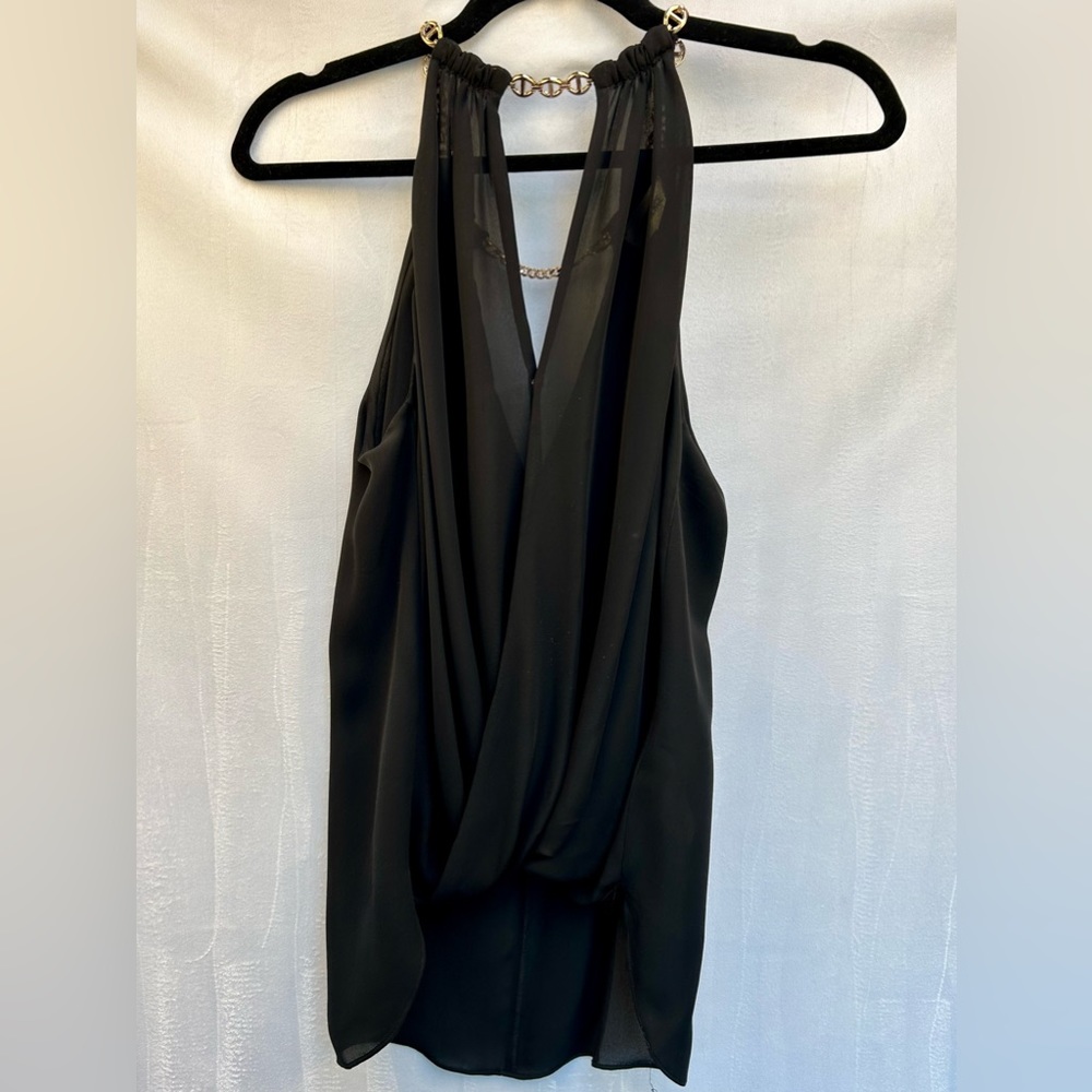 L’AGENCE Black 100% Silk Top with Gold Chain Neckline - Size S/P